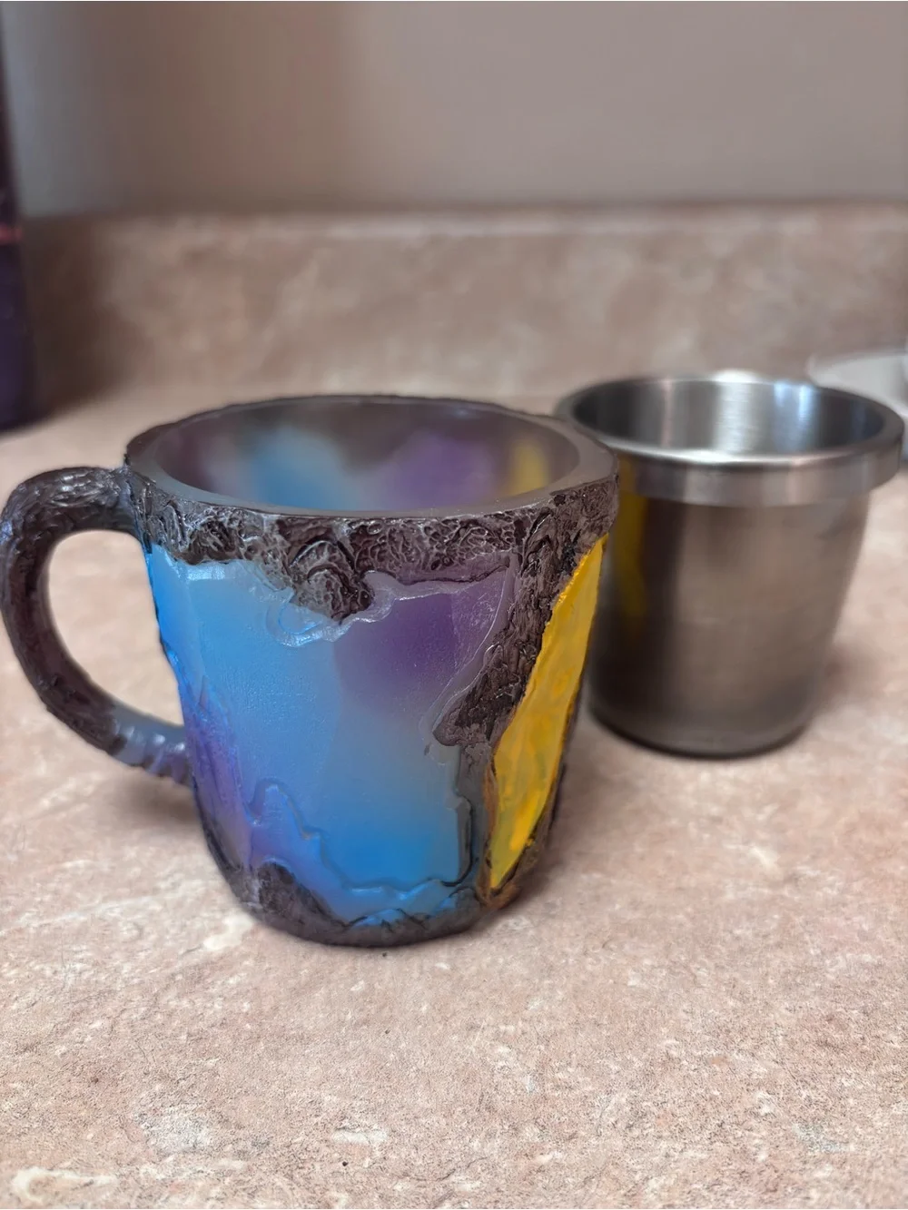 Handcrafted Geode-Style Resin Mug, Stainless Steel Liner –Yellow Blue Agate Look